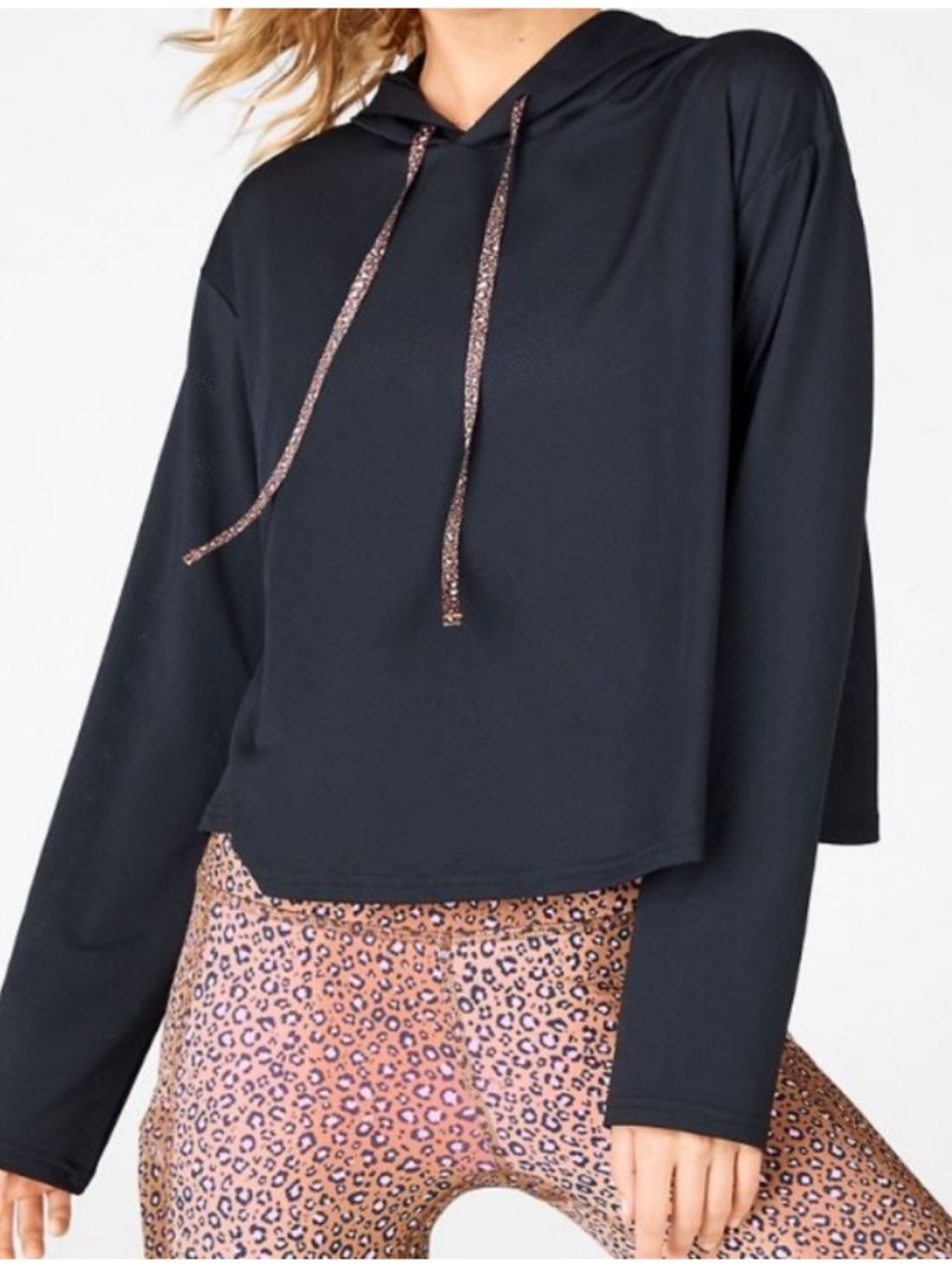 Fabletics Kaia Black Hooded Long-Sleeve Pullover with leopard Drawcords